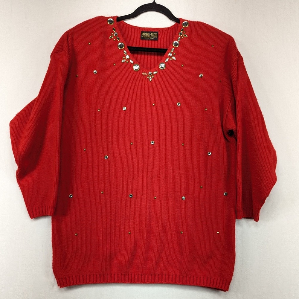 Vintage‎ Marshall-Rousso Embellished Red Knit Sweater Sparkly Rhinestone Party M